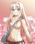  1girl :3 bag between_breasts blush flower flower_request gradient gradient_background green_eyes hair_ribbon highres kantai_collection long_hair looking_at_viewer messenger_bag misacho_(misa1001) pink_background pink_hair pleated_skirt ribbed_sweater ribbon shoulder_bag skirt solo sweater turtleneck yuudachi_(kantai_collection) 