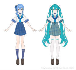  2girls aqua_choker aqua_eyes aqua_hair artist_name blue_choker blue_eyes blue_hair blue_skirt blue_socks brown_shoes choker commentary_request company_name copyright_notice full_body hair_ornament hatsune_miku highres hololive hoshimachi_suisei long_hair looking_at_viewer medium_hair multiple_girls nishikikope official_art plaid_clothes plaid_skirt pleated_skirt shirt shoes side_ponytail simple_background skirt socks standing thigh-highs twintails very_long_hair virtual_youtuber vocaloid white_background white_shirt white_thighhighs 