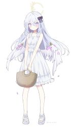  1girl angel_wings azusa_(blue_archive) basket blue_archive blush bow closed_mouth collarbone commentary_request dot_mouth dress falling_petals feathered_wings floating_hair full_body hair_bow halo highres holding holding_basket ica long_hair looking_at_viewer low_wings open-toe_shoes petals purple_bow shoes signature simple_background sneakers solo standing sundress twitter_username very_long_hair violet_eyes white_background white_dress white_hair white_wings wing_flower wings yellow_halo 