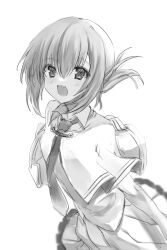  1girl :d absurdres arm_at_side backlighting blush capelet collared_shirt commentary_request cowboy_shot eyes_visible_through_hair fang folded_ponytail frilled_skirt frills greyscale hair_between_eyes highres looking_at_viewer medium_hair momokokuma monochrome necktie open_mouth pleated_skirt school_uniform shirt sidelocks simple_background sketch skin_fang skirt smile solo subarashiki_hibi tachibana_kimika white_background 