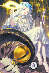  1girl :d absurdres blue_eyes blue_flower casting_spell commentary_request doll_joints dress elden_ring elden_ring_nightreign flower head_wreath highres holding holding_instrument holding_lyre instrument joints karasuba_yomi libra_(elden_ring) lyre magic middle_finger open_mouth revenant_(elden_ring) signature smile solo_focus spoken_sweatdrop sweatdrop veil white_dress 