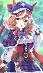  1girl animal_ears belt_bag blue_bow blue_capelet blue_hat blush bow breasts brown_hair capelet center_frills corset ears_through_headwear frills hair_ornament hairclip hat highres holding holding_magnifying_glass horse_ears horse_girl looking_at_viewer magnifying_glass matikanetannhauser_(clippety-tippety-clop)_(umamusume) matikanetannhauser_(umamusume) medium_breasts medium_hair multicolored_hair newsboy_cap open_mouth parallel_hairclips red_corset shirt solo streaked_hair tilted_headwear umamusume user_vxme7573 white_shirt yellow_eyes 