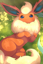 :3 absurdres blue_eyes bright_pupils closed_mouth commentary_request day flareon grass highres lying no_humans outdoors pokemon pokemon_(creature) pokemon_focus rumine_(yoshi1234567) smile solo white_pupils 