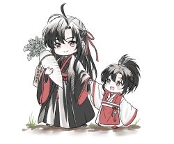  2boys :d adoptive_parent_and_adoptive_child aged_down ahoge black_eyes black_hair black_hanfu blush brown_eyes chibi chibi_only child chinese_clothes closed_mouth coat commentary_request flower food full_body grandmaster_of_demonic_cultivation grass grey_coat hair_between_eyes hair_down hair_ribbon half_updo hanfu high_ponytail highres holding holding_food holding_hands holding_vegetable kanmisyokinin lan_sizhui lan_sizhui_(young) long_hair long_sleeves looking_at_another male_focus multiple_boys official_alternate_costume official_alternate_hairstyle open_clothes open_coat open_mouth parent_and_child parted_bangs ponytail radish red_hanfu red_ribbon red_sash ribbon robe sash sidelocks simple_background sleeves_past_wrists smile standing tassel vegetable very_long_hair walking wei_wuxian wei_wuxian_(yiling_laozu) white_background white_hanfu wide_sleeves yaopei 