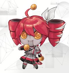  1girl ahoge artist_request belt bow buttons chibi cosplay double-breasted drill_hair grey_jacket grey_skirt highres jacket kasane_teto kasane_teto_(cosplay) kasane_teto_(sv) musical_staff musical_staff_print parody red_belt red_hair red_trim ribbon robot shoulder_belt shoulder_boards siivagunner skirt sleeve_cuffs solo striped_clothes striped_jacket style_parody synthesizer_v the_joke-explainer_7000 twin_drills white_background white_bow white_ribbon yellow_eyes 
