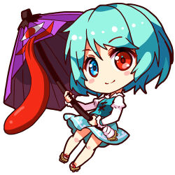  1girl aqua_eyes aqua_hair aqua_vest chibi chibi_only closed_mouth commentary full_body geta heterochromia holding holding_umbrella juliet_sleeves long_sleeves looking_at_viewer lowres one-hour_drawing_challenge puffy_sleeves purple_umbrella red_eyes renren_(ah_renren) shirt short_hair simple_background smile solo tatara_kogasa tongue tongue_out touhou umbrella vest white_background white_shirt 