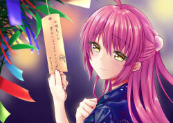  1girl :q ;q absurdres ahoge alternate_costume blue_kimono blush character_print clenched_hand closed_mouth commentary_request eyes_visible_through_hair floral_print floral_print_kimono from_side futaki_kanata hair_between_eyes hair_bobbles hair_ornament half_updo hands_up highres holding holding_tanzaku japanese_clothes kimono little_busters! long_hair looking_at_viewer musical_note one_eye_closed pink_hair ponytail print_kimono rgrey00 saigusa_haruka short_ponytail sidelocks smile solo split_mouth star_(symbol) star_print tanabata tanzaku tehepero tongue tongue_out translation_request upper_body yellow_eyes 