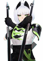 1girl :> absurdres ahoge asymmetrical_sleeves belt black_belt black_gloves black_skirt blunt_bangs bob_cut chest_harness chromatic_aberration closed_mouth colored_inner_hair eloise_(the_atko) eyelashes flame_print gloves green_belt green_eyes harness highres holding holding_sword holding_weapon long_sleeves looking_at_viewer multicolored_hair original pleated_skirt sheath shirt short_hair short_sleeves skirt slit_pupils smile standing sword the_atko thick_eyebrows upper_body weapon white_background white_hair white_shirt wide_sleeves 