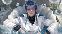  1boy absurdres ao_bing_(nezha_zhi_motong_jiangshi) artify blue_hair bubble chinese_clothes dragon_horns eyelashes facial_mark forehead_mark highres horns in_bathtub long_sleeves male_focus nezha_zhi_motong_jiangshi parted_lips realistic sidelocks signature solo web_address 