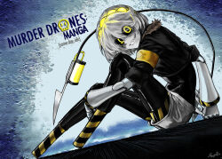  1girl armband black_jacket crazy_eyes crazy_grin crazy_smile face_filter grin highres humanoid_robot jacket m4skedboi machine mechanical_arms mechanical_head murder_drones orange_armband robot short-sleeved_jacket short_hair short_sleeves smile tail tuxedo_shirt v_(murder_drones) white_hair yellow_armband yellow_eyes 