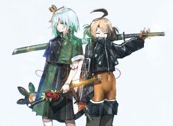  2girls absurdres advarcher ahoge black_jacket blonde_hair bodysuit breasts brown_hair cecilia_immergreen closed_eyes colored_inner_hair covered_navel doll_joints gigi_murin green_eyes green_hair green_jacket green_skirt grey_hair grin highres holding holding_sword holding_weapon hololive hololive_english jacket joints katana looking_at_viewer multicolored_hair multiple_girls open_mouth orange_bodysuit short_hair short_sleeves simple_background skirt smile streaked_hair sword teeth twintails two-tone_hair virtual_youtuber weapon winding_key 