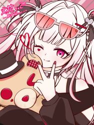  1girl bare_shoulders black_choker choker closed_mouth commentary_request double-parted_bangs eyewear_on_head facial_mark hair_ornament heart heart_facial_mark highres honkai:_star_rail honkai_(series) long_hair looking_at_viewer nail_art ne2u_illust official_alternate_costume official_alternate_hairstyle one_eye_closed pink_eyes sidelocks smile solo sparkle_(honkai:_star_rail) sparxie_(candy-coated_waves)_(honkai:_star_rail) sparxie_(honkai:_star_rail) stuffed_animal stuffed_toy sunglasses teddy_bear twintails two_side_up upper_body v white_hair x_hair_ornament 