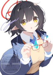  1girl absurdres ayane_(blue_archive) black_hair blue_archive blue_jacket blue_necktie blush collared_shirt commentary_request halo highres holding holding_removed_eyewear jacket jam_(jamjam777) long_pointy_ears looking_at_viewer necktie open_clothes open_jacket open_mouth pointy_ears red_halo shirt short_hair solo sweater unworn_eyewear white_shirt yellow_eyes yellow_sweater 