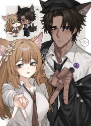  1boy 1girl 1mingk :3 :d ^_^ alternate_costume animal_ear_fluff animal_ears badge black_hat black_jacket black_necktie black_pants black_shoes blush blush_stickers border bow breasts brown_background brown_eyes brown_hair brown_necktie brown_skirt button_badge buttons catherine_(project_moon) center-flap_bangs chibi closed_eyes collared_shirt commentary curtained_hair dark-skinned_male dark_skin dog_ears dog_tail fingernails flower grid_background hair_bow hat heart heathcliff_(project_moon) highres jacket jacket_partially_removed kemonomimi_mode limbus_company long_hair long_sleeves looking_to_the_side medium_breasts nail_polish necktie newsboy_cap official_alternate_costume open_clothes open_jacket open_mouth outline outstretched_arm pants parted_bangs parted_lips pleated_skirt project_moon purple_nails scar scar_on_cheek scar_on_face scar_on_hand scar_on_neck shirt shoes short_hair sidelocks single_blush_sticker skirt smile spoken_blush sweatdrop tail tail_wagging untranslatable_commentary v violet_eyes white_border white_bow white_flower white_outline white_shirt 