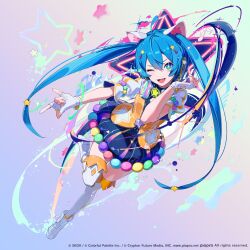  1girl :d ;d absurdres ahoge animal_ears blue_dress blue_eyes blue_hair cat_ears commentary_request company_name copyright_notice dress fingerless_gloves fingernails full_body gloves gradient_background hair_ornament hatsune_miku highres leg_up nail_polish official_art one_eye_closed project_sekai ritao_kamo shoes smile solo star_(symbol) star_hair_ornament thigh-highs tongue twintails vocaloid web_address white_gloves white_shoes white_thighhighs yellow_nails 