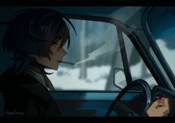  1boy alternate_costume artist_name black_border black_hair black_jacket black_nails blunt_ends blurry blurry_background blush border car_door casual choppy_bangs cigarette collared_shirt commentary contemporary english_commentary eyelashes fingernails forest from_side genshin_impact grey_eyes highres jacket letterboxed looking_down male_focus nature nekojinnyart profile scaramouche_(genshin_impact) shirt side-view_mirror smoke smoking snow solo steering_wheel teeth tree tsurime twenty_one_pilot undershirt upper_teeth_only vehicle_interior white_shirt window 