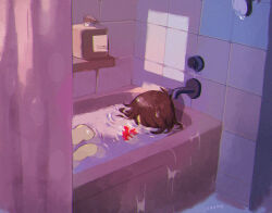  1other artist_name bath bathroom brown_hair commentary_request corogarucoromo covered_face curtains deltarune faucet heart holding holding_heart in_bathtub indoors knees_up kris_(deltarune) other_focus partially_submerged red_soul_(utdr) short_hair signature solo soul_(utdr) tile_wall tiles utdr_(toby_fox) water 