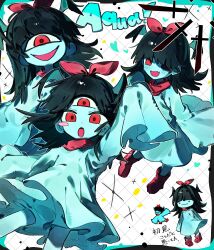  1girl :o absurdres aqua_(deltarune) aqua_bloomers aqua_border aqua_dress aqua_skin black_hair bloomers blue_blush blunt_bangs blush border bow colored_skin commentary dagger deltarune dress evil_smile extra_eyes fang grid_background hair_wings heart highres knife long_hair looking_at_viewer o_o one-eyed red_bow red_eyes red_scarf red_shoes reference_inset scarf shoes skin_fang smile solo third_eye utdr_(toby_fox) weapon white_background youzuki_rie 