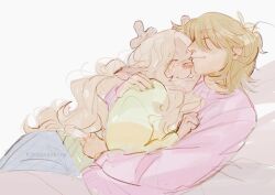  1other animal_ears antlers arm_around_another's_back blonde_hair borrowed_clothes brown_hair buck_teeth closed_eyes commentary cuddling deer_antlers deer_ears deer_girl deltarune english_commentary furry furry_female green_sweater highres horns jaggedspine kris_(deltarune) long_hair noelle_holiday pink_sweater red_nose sketch smile sweater teeth utdr_(toby_fox) white_background white_freckles 