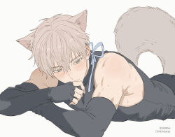  1boy animal_ears black_gloves blush elbow_gloves fingerless_gloves gloves grey_hair highres ladxena love_and_deepspace lying male_focus on_stomach short_hair sleeveless sleeveless_turtleneck solo tail turtleneck twitter_username white_background wolf_boy wolf_ears wolf_tail xavier_(love_and_deepspace) 