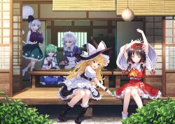  5girls apron ascot back_bow black_hairband black_hat black_skirt black_vest blonde_hair blue_dress blue_eyes blue_skirt bow braid brown_hair closed_eyes closed_mouth collared_shirt dango detached_sleeves dress food frilled_bow frilled_hair_tubes frilled_skirt frills frog_hair_ornament green_bow green_eyes green_hair green_ribbon green_skirt green_vest grey_hair hair_bow hair_ornament hair_tubes hairband hakurei_reimu hat hat_bow highres hirano_katsuyuki hitodama holding holding_skewer izayoi_sakuya juliet_sleeves kirisame_marisa kochiya_sanae konpaku_youmu konpaku_youmu_(ghost) long_hair long_sleeves maid maid_headdress multiple_girls neck_ribbon non-web_source official_art open_mouth playable_command_(touhou) puffy_short_sleeves puffy_sleeves red_bow red_skirt ribbon ribbon-trimmed_sleeves ribbon_trim sanshoku_dango shirt short_sleeves shouji side_braid single_braid single_hair_tube sitting skewer skirt skirt_set sleeveless sleeveless_shirt sliding_doors smile snake_hair_ornament socks stretching table touhou touhou_spell_carnival twin_braids very_long_hair vest wagashi waist_apron white_apron white_bow white_shirt white_socks witch_hat wrapped_bento yellow_ascot yellow_eyes 