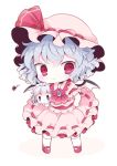  2girls ascot bangs bat_wings blue_hair blush blush_stickers brooch chibi curly_hair full_body hat hat_ribbon holding izayoi_sakuya jewelry kyou_(nekoneko) maid_headdress mob_cap multiple_girls puffy_short_sleeves puffy_sleeves red_eyes red_ribbon red_shoes remilia_scarlet ribbon ribbon-trimmed_clothes ribbon_trim shoes short_hair short_sleeves silver_hair simple_background standing sweatdrop touhou tsurime white_background white_legwear wings |_| 