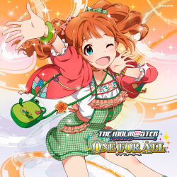  1girl :d ;d album_cover aqua_eyes arm_up bag bow bracelet copyright_name cover gingham_bow gingham_shorts green_bag green_bow green_shorts hair_bow handbag highres idolmaster idolmaster_(classic) idolmaster_one_for_all jacket jewelry looking_at_viewer multiple_bracelets multiple_hair_bows official_art one_eye_closed open_clothes open_jacket open_mouth orange_hair red_bow red_jacket shirt shorts smile solo sparkle takatsuki_yayoi third-party_source twintails white_shirt 