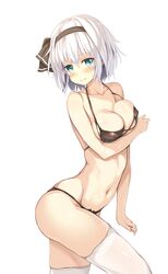  1girl bikini blue_eyes blush breast_hold breasts hairband highres konpaku_youmu mokumokuren_(atariya_kyoushitsu) short_hair silver_hair simple_background solo swimsuit thigh-highs touhou wavy_mouth white_legwear 