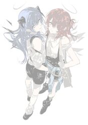  2girls arknights bag black_shorts blue_eyes blue_hair blue_jacket clothes_around_waist commentary detached_wings exusiai_(arknights) hair_between_eyes halo highres horns jacket jacket_around_waist long_hair looking_at_viewer mostima_(arknights) multiple_girls one_eye_closed red_hair shirt shorts shoulder_bag simple_background untranslatable_commentary white_background white_shirt wigfire wings 