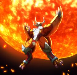 armor arms_up artist_name belt black_background breastplate broken_armor character_name claw_(weapon) claws colored_skin commentary digimon digimon_(creature) dragon english_commentary faulds fighting_stance fire fireball full_body gaia_force_(digimon) gauntlets glowing glowing_eye green_eyes helmet highres holding holding_orb horns leg_armor looking_down muscular muscular_male orange_skin orb plate_armor powering_up pyrokinesis red_hair scar short_hair undeadkitty13 wargreymon watermark weapon yellow_armor