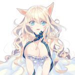  1girl animal_ears bare_shoulders blonde_hair blue_eyes breasts cat_ears cleavage female final_fantasy final_fantasy_xiv large_breasts leaning_forward long_hair looking_at_viewer miqo&#039;te smile solo wavy_hair 