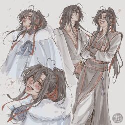  1boy ahoge alcohol artist_name black_hair black_hanfu black_sash blue_ribbon blush branded chinese_clothes cloak closed_eyes coat collarbone crossed_arms english_commentary english_text fur-trimmed_cloak fur_trim grandmaster_of_demonic_cultivation grey_coat grey_eyes grey_pants grey_shirt grin hair_between_eyes hair_down hair_ribbon half_updo hanfu heart heart_ahoge highres holding_jug jug_(bottle) liquor long_hair long_sleeves looking_at_viewer male_focus multiple_views neombers official_alternate_costume official_alternate_hairstyle one_eye_closed open_clothes open_coat open_mouth pants parted_lips pectoral_cleavage pectorals ponytail red_eyes red_ribbon red_sash ribbon robe sash scar scar_on_chest shirt sidelocks signature simple_background sleeves_past_wrists smile snow snowing standing star_(symbol) tassel teeth tongue tongue_out upper_body v wei_wuxian wei_wuxian_(yiling_laozu) wei_wuxian_(yunmeng_clan) white_background white_cloak winter_clothes yaopei 