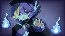  1girl alternate_costume black_dress black_hat claw_pose commentary_request dress drooling hand_up hat highres hitodama jiangshi long_sleeves looking_at_viewer mouth_drool open_mouth purple_hair single_sleeve_past_fingers solo upper_body utane_uta utau violet_eyes youguret37 