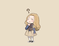  1girl ? blue_bow blue_bowtie blush_stickers bow bowtie brown_dress brown_hair closed_eyes commentary_request dress forehead full_body hand_on_own_chest layered_sleeves long_hair long_sleeves m3gan m3gan_(character) pantyhose pink_background saiguchi_otoufu short_over_long_sleeves short_sleeves solo wavy_hair white_pantyhose 