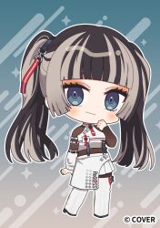  1girl black_hair blue_eyes blue_nails blunt_bangs blush boots chibi chibi_only commentary_request company_name copyright_notice fingernails full_body grey_boots grey_hair hololive hololive_dev_is juufuutei_raden juufuutei_raden_(regloss_uniform) komano_shia long_hair looking_at_viewer multicolored_hair nail_polish official_alternate_costume official_alternate_hairstyle official_art outline solo streaked_hair thigh_boots twintails two-tone_hair very_long_hair white_outline 