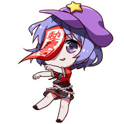  1girl black_skirt chibi chibi_only commentary hat hat_ornament looking_at_viewer lowres miyako_yoshika ofuda ofuda_on_head outstretched_arms purple_hair purple_hat red_shirt renren_(ah_renren) shirt short_hair short_sleeves simple_background skirt solo star_(symbol) star_hat_ornament touhou violet_eyes white_background zombie_pose 