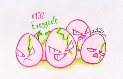  :< artist_name closed_mouth commentary crack dated english_commentary exeggcute frown full_body grin limited_palette no_humans open_mouth pokedex_number pokemon pokemon_(creature) pokemon_focus smile teeth traditional_media v-shaped_eyes white_background zerokirbyarts 