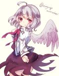  1girl ahoge artist_name bow bowtie dress hiyoko_no_tataki jacket kishin_sagume long_sleeves looking_at_viewer open_clothes purple_dress red_eyes short_hair silver_hair simple_background single_wing solo touhou twitter_username white_background wings 