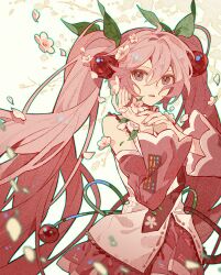  1girl absurdres ahoge aqua_outline back_ribbon cherry_blossoms cherry_hair_ornament commentary_request cowboy_shot detached_sleeves film_grain food-themed_hair_ornament green_ribbon hair_between_eyes hair_ornament hatsune_miku highres long_hair open_mouth outline petals pink_hair pleated_skirt red_eyes red_skirt red_sleeves ribbon sakura_miku shirt skirt sleeveless sleeveless_shirt solo twintails very_long_hair vocaloid white_shirt white_trim z6 
