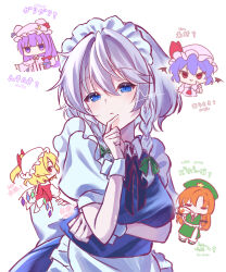  5girls absurdres aocha06s2 apron arms_under_breasts ascot back_bow bat_wings black_bow blonde_hair blue_bow blue_dress blue_eyes bow braid capelet chibi chibi_inset closed_eyes closed_mouth collared_shirt commentary crescent crescent_hat_ornament crystal crystal_wings dress flandre_scarlet green_bow green_hat green_skirt green_vest grey_hair hair_between_eyes hair_bow hat hat_bow hat_ornament highres hong_meiling izayoi_sakuya long_hair looking_at_viewer maid maid_headdress mob_cap multicolored_wings multiple_girls nose_bubble one_side_up orange_hair pants patchouli_knowledge pinafore_dress pink_capelet pink_dress pink_hat pink_shirt puffy_short_sleeves puffy_sleeves purple_hair red_ascot red_bow red_eyes red_vest remilia_scarlet shirt short_sleeves siblings side_slit signature simple_background sisters skirt sleeping sleeveless sleeveless_dress solo_focus striped_clothes striped_dress touhou translation_request twin_braids untranslatable_commentary vertical-striped_clothes vertical-striped_dress very_long_hair vest violet_eyes waist_apron white_background white_bow white_hat white_pants white_shirt white_wrist_cuffs wings wrist_cuffs 