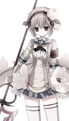  1girl 2000s_(style) absurdres flower flower_ornament glaive_(polearm) hair_flower hair_ornament hairband highres kasukasugom1 magical_girl mahou_shoujo_ikusei_keikaku mahou_shoujo_ikusei_keikaku_unmarked pink_hair polearm sailor_collar school_uniform short_hair skirt snow_white_(mahoiku) thigh-highs weapon white_thighhighs yellow_eyes 