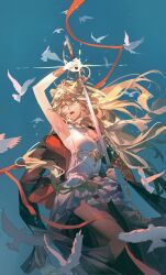  1girl absurdres animal_ears arknights arm_up armpits bird blonde_hair breasts chinese_commentary commentary_request dress feet_out_of_frame floating_hair flock glint hair_between_eyes highres holding holding_sword holding_weapon jacket jacket_on_shoulders lion_ears lion_girl long_hair looking_to_the_side looking_up open_mouth ponytail sanye308 siege_(arknights) sky solo sword vina_victoria_(arknights) vina_victoria_(glorious_path)_(arknights) weapon white_dress yellow_eyes 