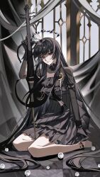  1girl absurdres arknights black_dress black_eyes black_gloves black_hair black_halo black_theme broken_halo cello checkered_floor chinese_commentary closed_mouth commentary_request curtains dress full_body gloves halo highres holding holding_instrument indoors instrument long_hair long_sleeves looking_at_viewer mole mole_under_eye official_alternate_costume on_floor sanye308 short_dress sitting smile solo very_long_hair virtuosa_(ambience_synesthesia_2024)_(arknights) virtuosa_(arknights) window 