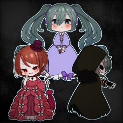  aqua_eyes arm_warmers banica_conchita black_cloak black_veil blue_bow blue_dress bow bracelet brown_hair chaban_capriccio_(vocaloid) chibi choker cloak clockworker's_doll collared_dress commentary_request cross cross_choker domino_mask dress dress_bow erifura evil_smile evillious_nendaiki eye_mask fishnet_arm_warmers fishnet_veil frilled_cuffs frilled_dress frilled_sleeves frills green_hair grin gumi gumillia hakaba_no_aruji hat hatsune_miku highres holding holding_gavel holding_umbrella hood hooded_cloak houtei_no_nushi jewelry kagamine_rin light_blush long_dress long_hair long_sidelocks long_sleeves mask master_of_the_court_(vocaloid) master_of_the_graveyard_(vocaloid) master_of_the_hellish_yard_(vocaloid) meiko_(vocaloid) mini_hat mini_top_hat multiple_bracelets parasol petticoat puffy_sleeves red_choker red_dress red_eyes short_hair sidelocks smile straight_hair swept_bangs too_many_bows top_hat turning_head twintails umbrella veil very_long_hair vocaloid wavy_hair white_bow white_wrist_cuffs wide_sleeves wrist_cuffs 