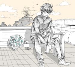  2boys ahoge alivehere18 bench bouquet cassock clouds commentary_request day disintegration gakuran glasses hair_between_eyes highres looking_down male_focus michael_roa_valdamjong michael_roa_valdamjong_(human) monochrome multiple_boys on_bench park park_bench priest scene_reference school_uniform shoes short_hair sitting souya_high_school_uniform spoilers tohno_shiki tree tsukihime tsukihime_(remake) 