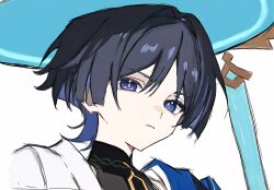  1boy black_hair black_tank_top blue_cape blue_eyes blue_hair blue_hat blunt_ends cape closed_mouth colored_inner_hair cropped_shoulders genshin_impact gold_necklace hair_between_eyes hat highres jellyfish_cut jewelry jingasa k0mq3 looking_at_viewer male_focus mandarin_collar multicolored_hair necklace open_clothes open_shirt scaramouche_(genshin_impact) shirt short_hair short_sleeves simple_background solo tank_top wanderer_(genshin_impact) white_background white_shirt 