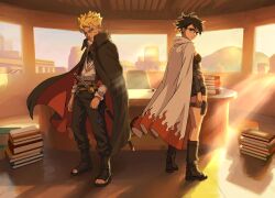  1boy 1girl black_boots black_cloak black_eyes black_hair black_romper blonde_hair blue_eyes book book_stack boots boruto:_two_blue_vortex boruto_(series) cape chest_tattoo cloak commentary desk earrings english_commentary facial_mark glasses highres hokage hyperaintbad jewelry light_rays messy_hair naruto_(series) necklace one_eye_closed open-toe_boots pouch romper scar scar_across_eye scar_on_face serious sheath sheathed short_hair spiky_hair strapless_romper sunlight sunset sword tattoo thigh_pouch uchiha_sarada uzumaki_boruto weapon whisker_markings white_cape window 