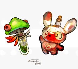  breloom commentary_request cork dated glass_bottle grey_background highres impasto no_humans painterly pokemon pokemon_(creature) potion revision signature simple_background spinda sukepmonster 