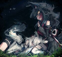  2girls animal_ear_fluff animal_ears bell black_hair black_sailor_collar black_shorts black_skirt closed_eyes fox_ears fox_girl fox_tail grass highres hololive hood hoodie long_hair multiple_girls night ookami_mio ookami_mio_(1st_costume) red_hair sailor_collar shirakami_fubuki shirakami_fubuki_(1st_costume) shorts sitting skirt sleeping star_(sky) tail umbra_heartt wariza white_hair white_hoodie wolf_ears wolf_girl wolf_tail 