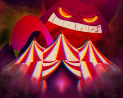  artist_name chromatic_aberration circus_tent colored_sclera debris dynamax evil_smile gengar gigantamax gigantamax_gengar glowing glowing_eyes highres jamiewilsondraws long_tongue making-of_available no_humans open_mouth pokemon pokemon_(creature) pokemon_focus red_eyes smile solo teeth tongue tongue_out upper_teeth_only yellow_sclera 